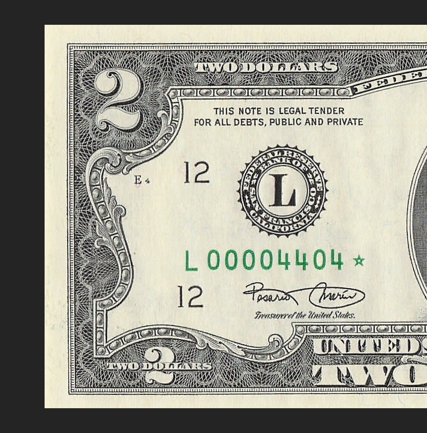 Binary Low Serial Number Star Note Two Dollar Bill L00004404* 4s 0s