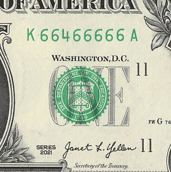 Seven of a Kind 6s One Dollar Bill Fancy Serial Number 2021 $1 KA Block
