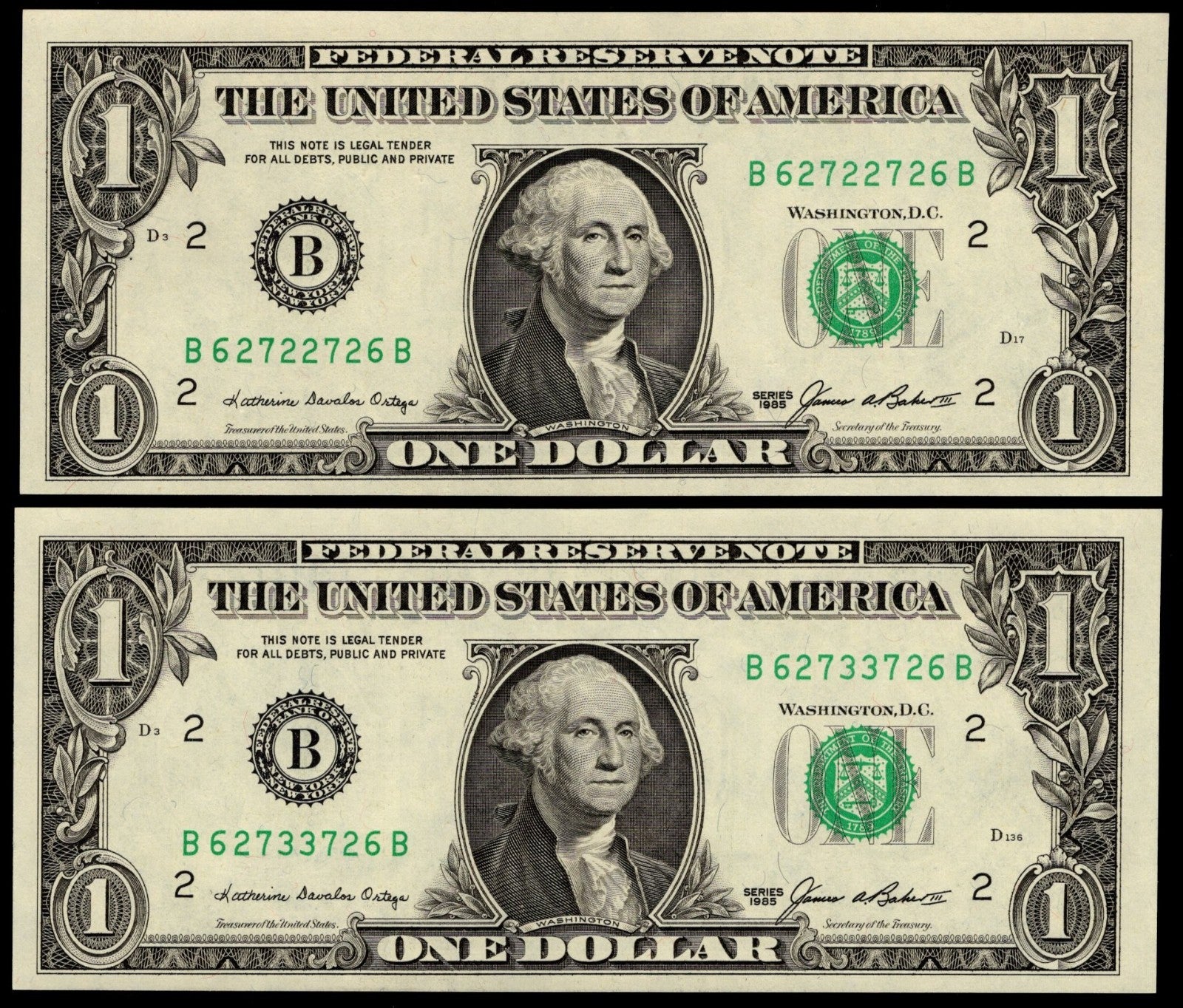 Radar Serial Number Set One Dollar Bills 1985 $1 BB Block Palindromes