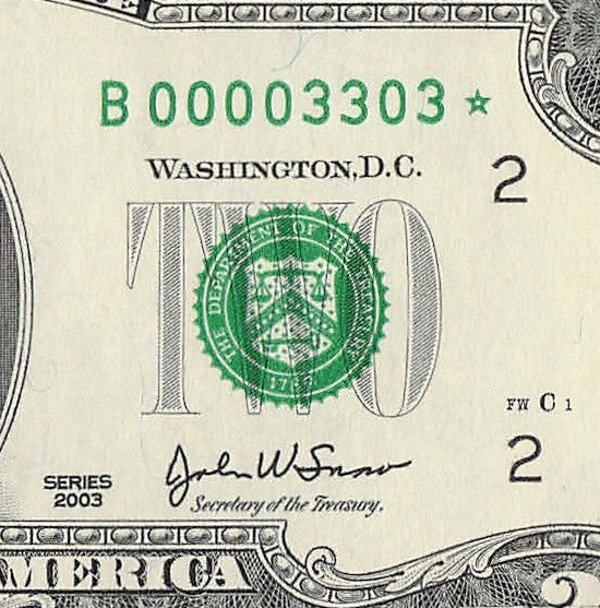 Binary Low Serial Number Star Note Two Dollar Bill B00003303* 0s 3s New York