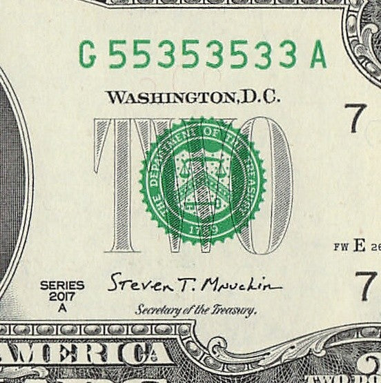 Binary Two Dollar Bill Fancy Serial Number 2017A $2 Binary 3s 5s