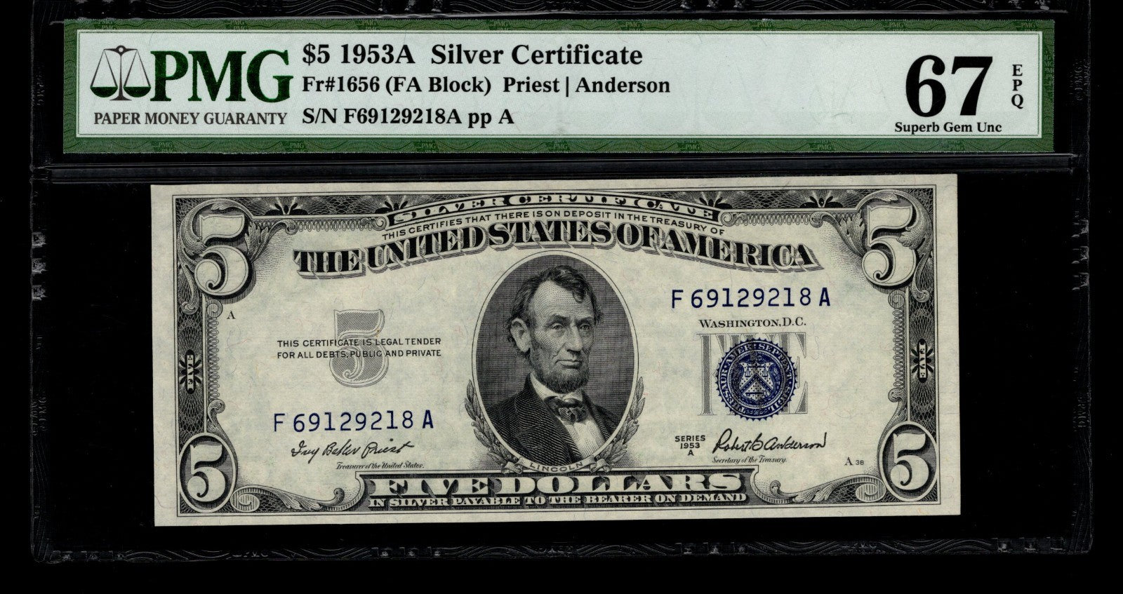 Five Dollar Silver Certificate FR 1656 PMG 67 1953A $5