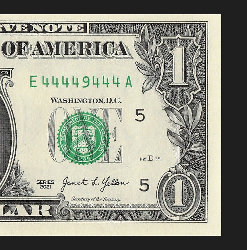 Seven of a Kind 4s One Dollar Bill Fancy Serial Number 2021 $1 EA Block