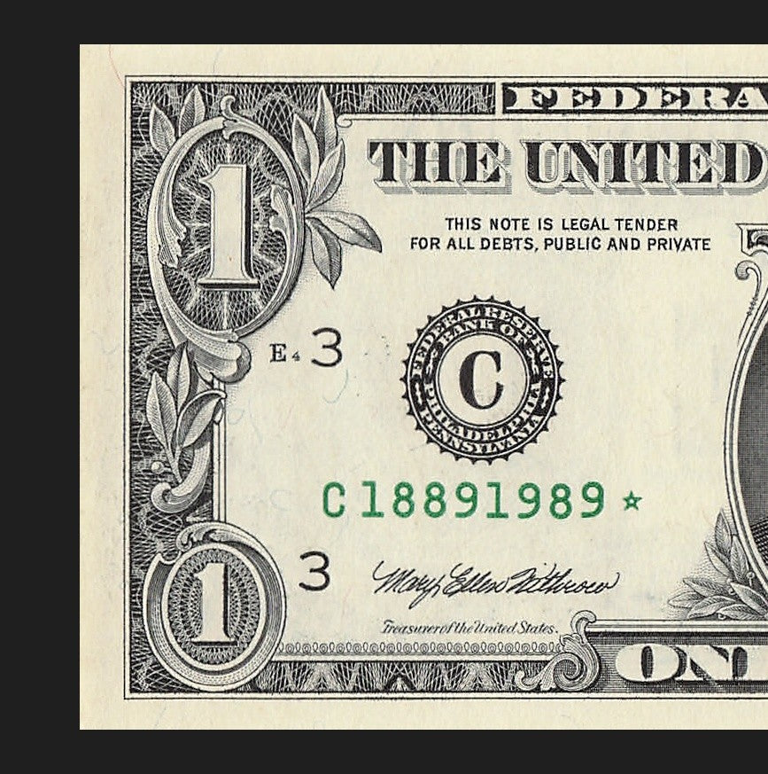 Century Star Note One Dollar Bill 1999 $1 C* Block Philadelphia Date 1889 1989