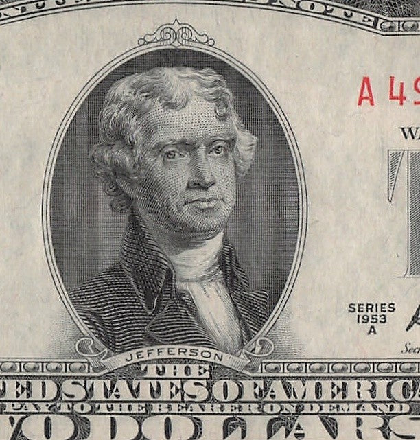 Five of a Kind 4s Fancy Serial Number Two Dollar Red Seal $2 1953A