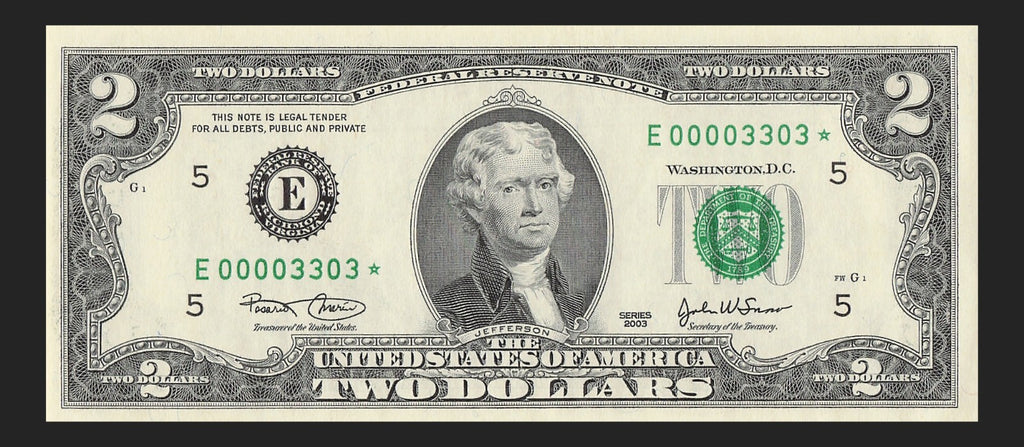 Binary Low Serial Number Star Note Two Dollar Bill E00003303* 3s 0s Richmond