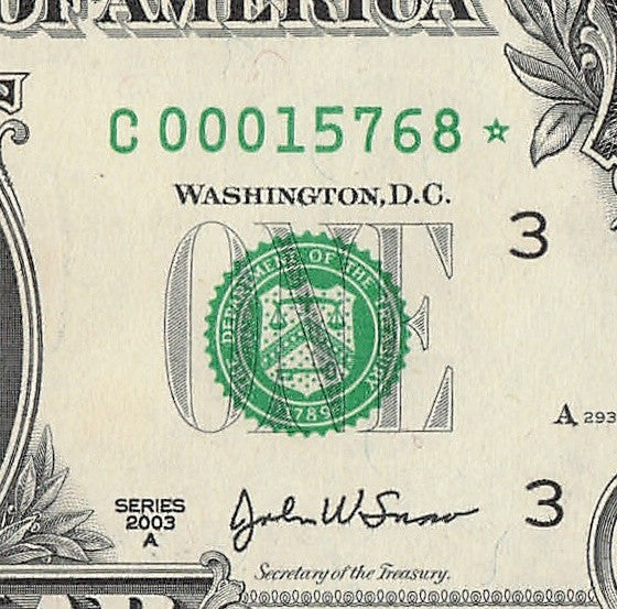 Star Note One Dollar Bill 2003A $1 C* Block Philadelphia Run 1 Low Serial Number