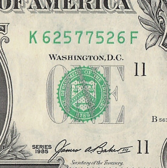 Radar Fancy Serial Number One Dollar Bill 1985 2s 5s 6s 7s KF Block