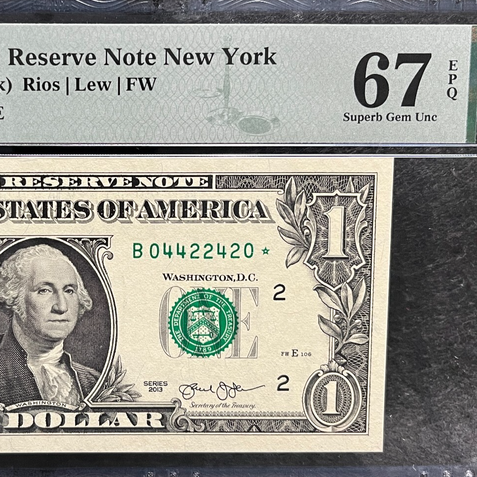 2013 B Duplicate Star Note Error One Dollar Bill B04422420* 67EPQ FW Trinary