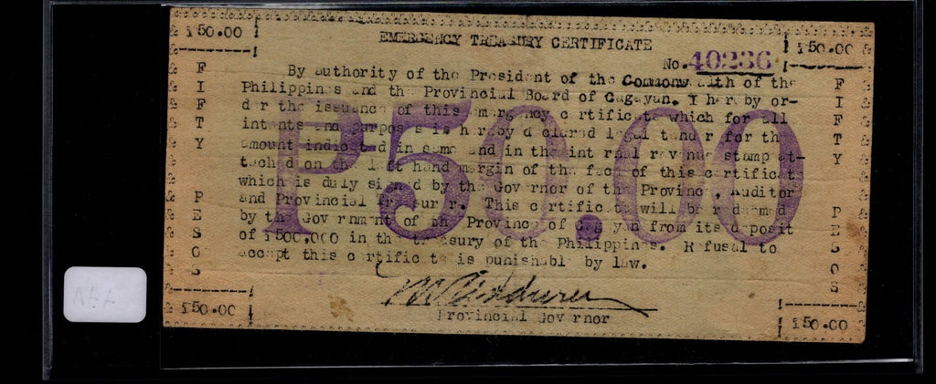 CAGAYAN Province Emergency Treasury Certificate 50 Pesos WW 2 Guerilla Note