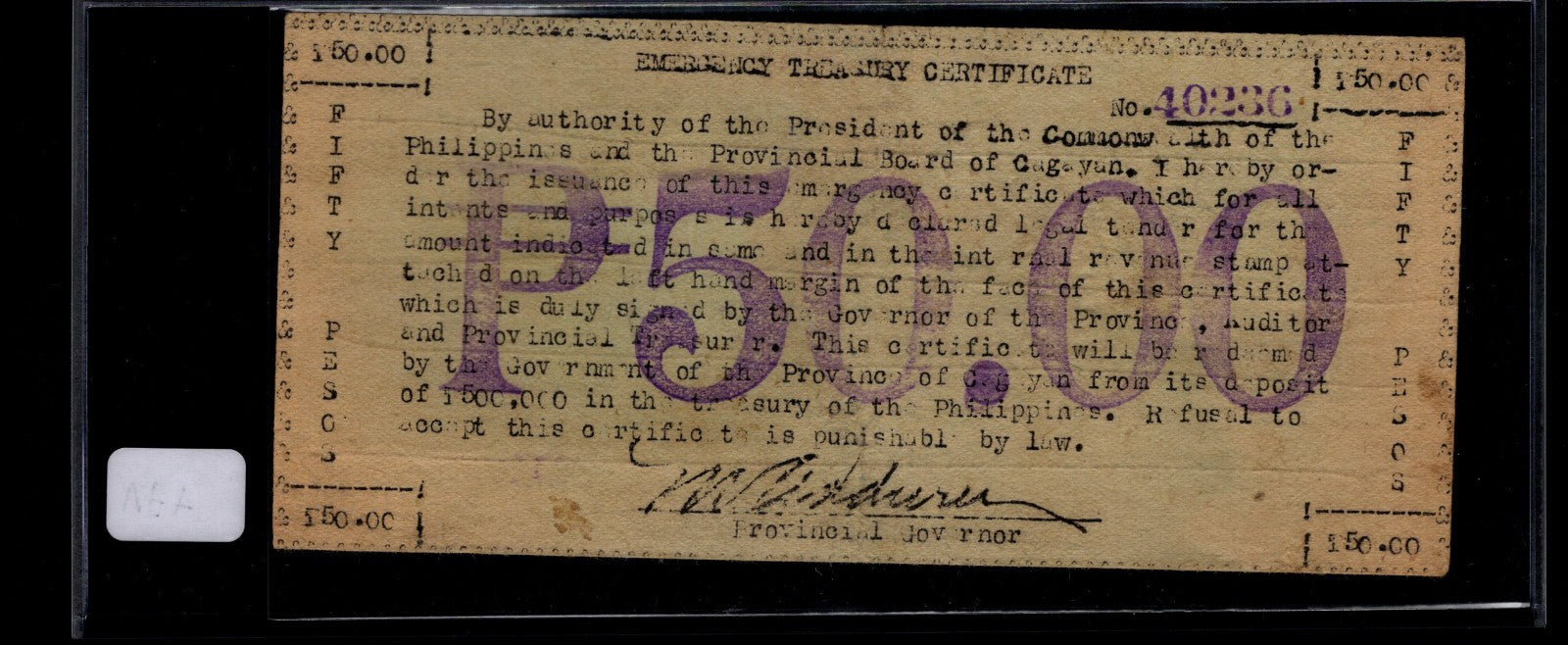 CAGAYAN Province Emergency Treasury Certificate 50 Pesos WW 2 Guerilla Note