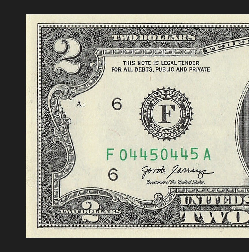 Repeater Two Dollar Bill Fancy Serial Number 2017A $2 Trinary 0s 4s 5s