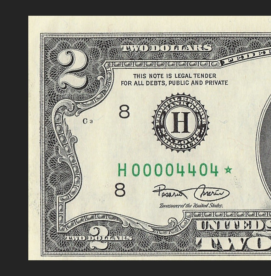 Binary Low Serial Number Star Note Two Dollar Bill H00004404* 4s 0s St Louis
