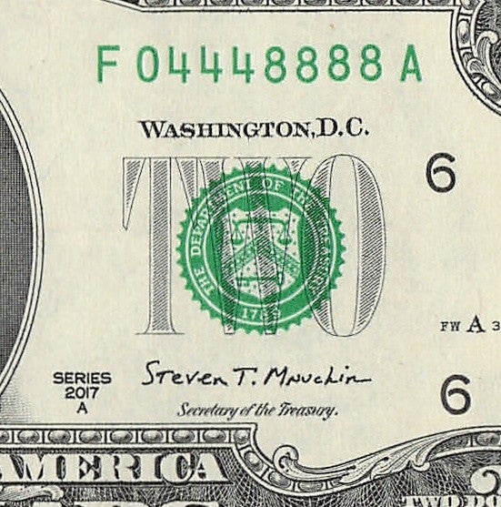 Two Dollar Bill Fancy Serial Number 2017A $2 Triple Quad Trinary 0s 4s 8s