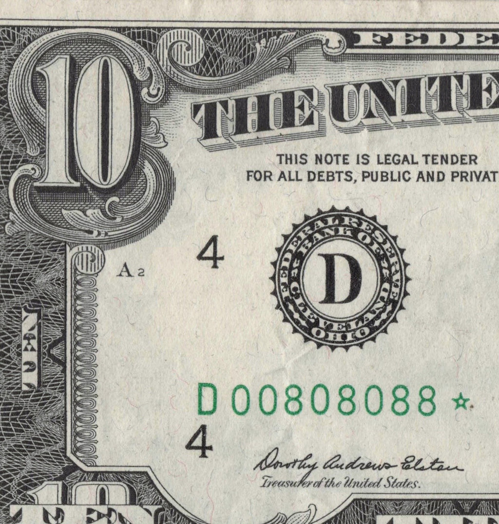 Binary Flipper 0s 8s Fancy Serial Number Star Note Ten Dollar Bill 1969 D* Block