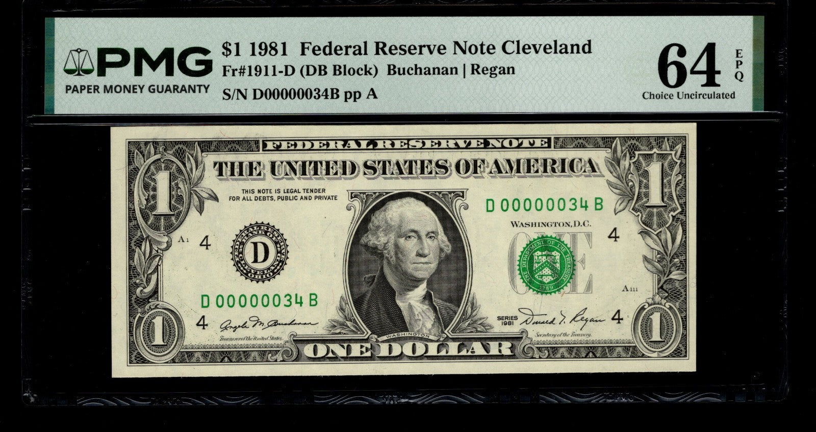 Low Serial Number 34 Fancy Serial Number One Dollar Bill PMG D00000034B