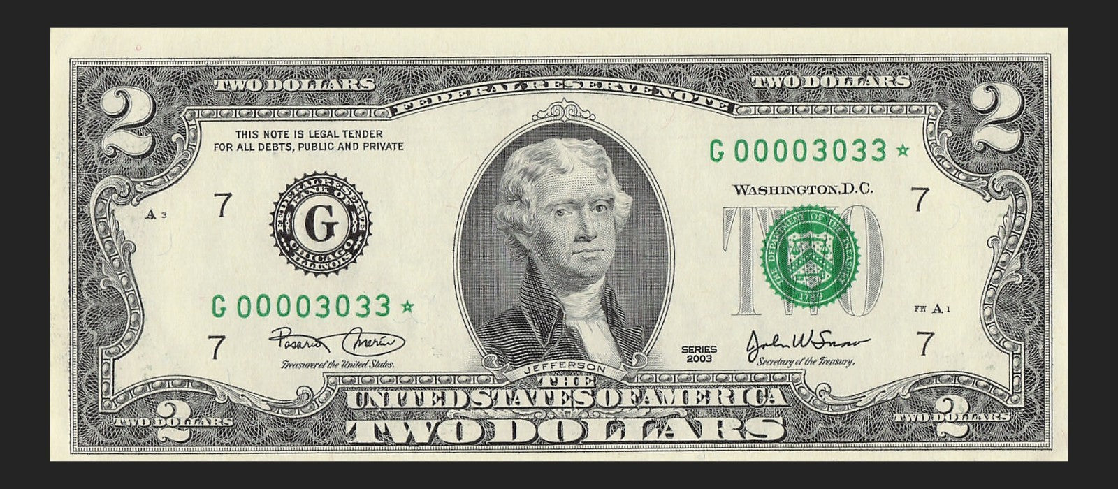 Binary Low Serial Number Star Note Two Dollar Bill G00003033* 3s 0s Chicago