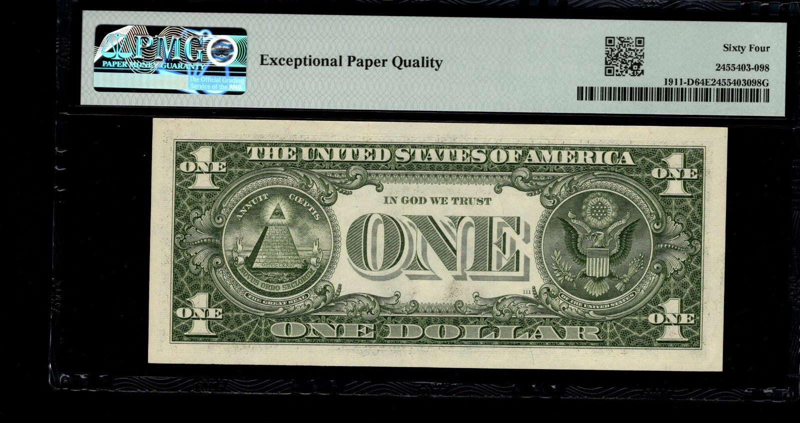 Low Serial Number 98 Fancy Serial Number One Dollar Bill PMG D00000098B