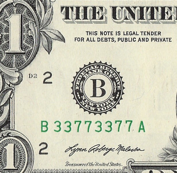 Binary Repeater Fancy Serial Number One Dollar Bill 3s 7s 2021 BA Block $1