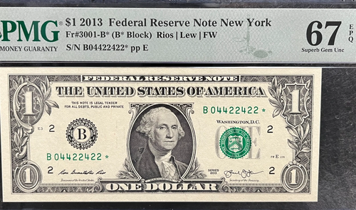 2013 B Duplicate Star Note Error One Dollar Bill B04422422* 67EPQ FW Trinary