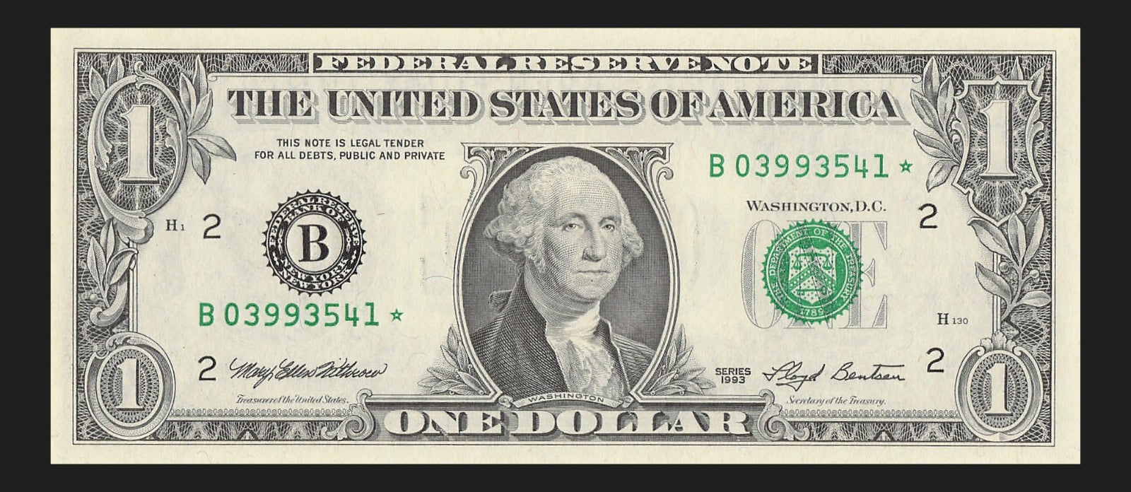 Star Note One Dollar Bill 1993 $1 B* Block New York Run 2 640K Run UNC