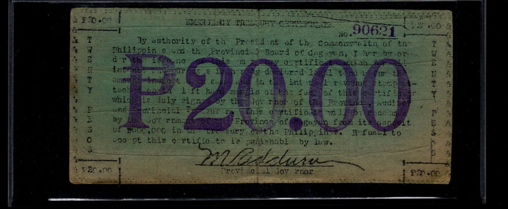 CAGAYAN Province Emergency Treasury Certificate 20 Pesos Internal Revenue Stamp