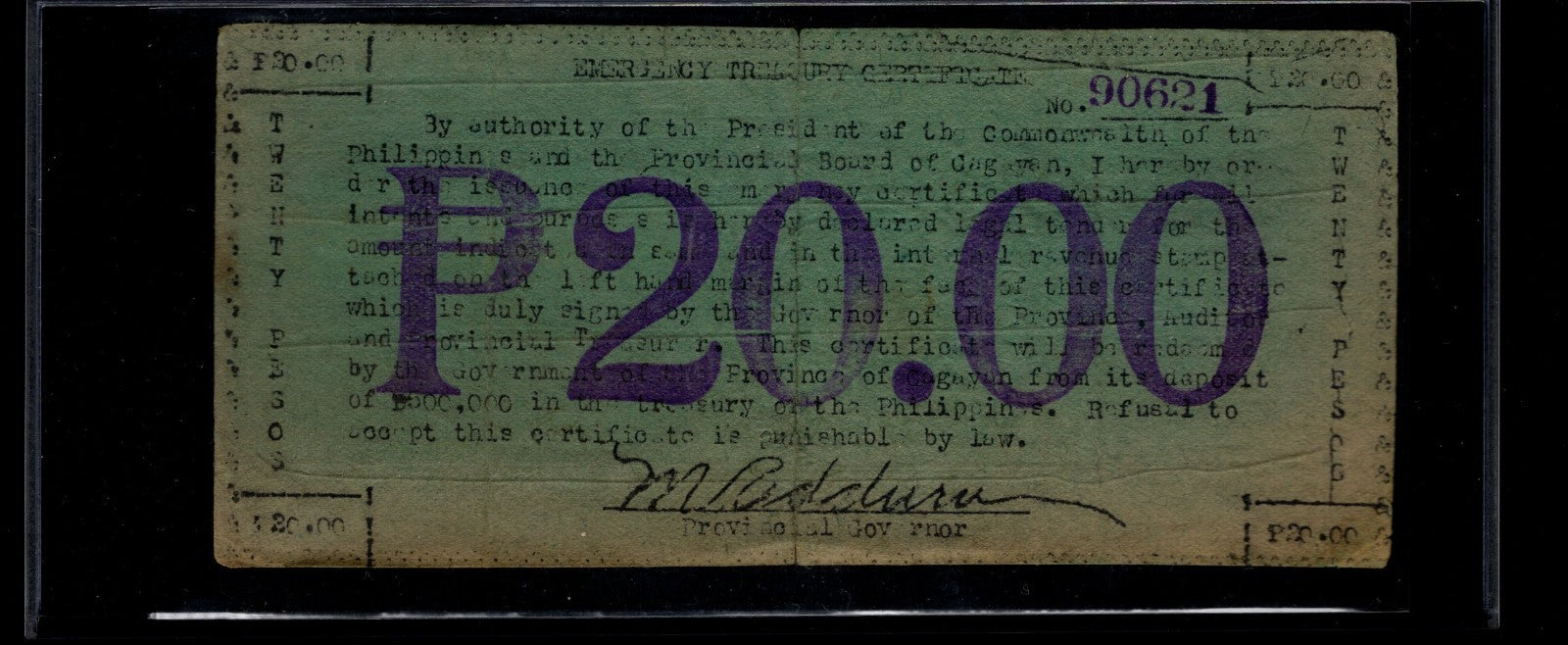 CAGAYAN Province Emergency Treasury Certificate 20 Pesos Internal Revenue Stamp