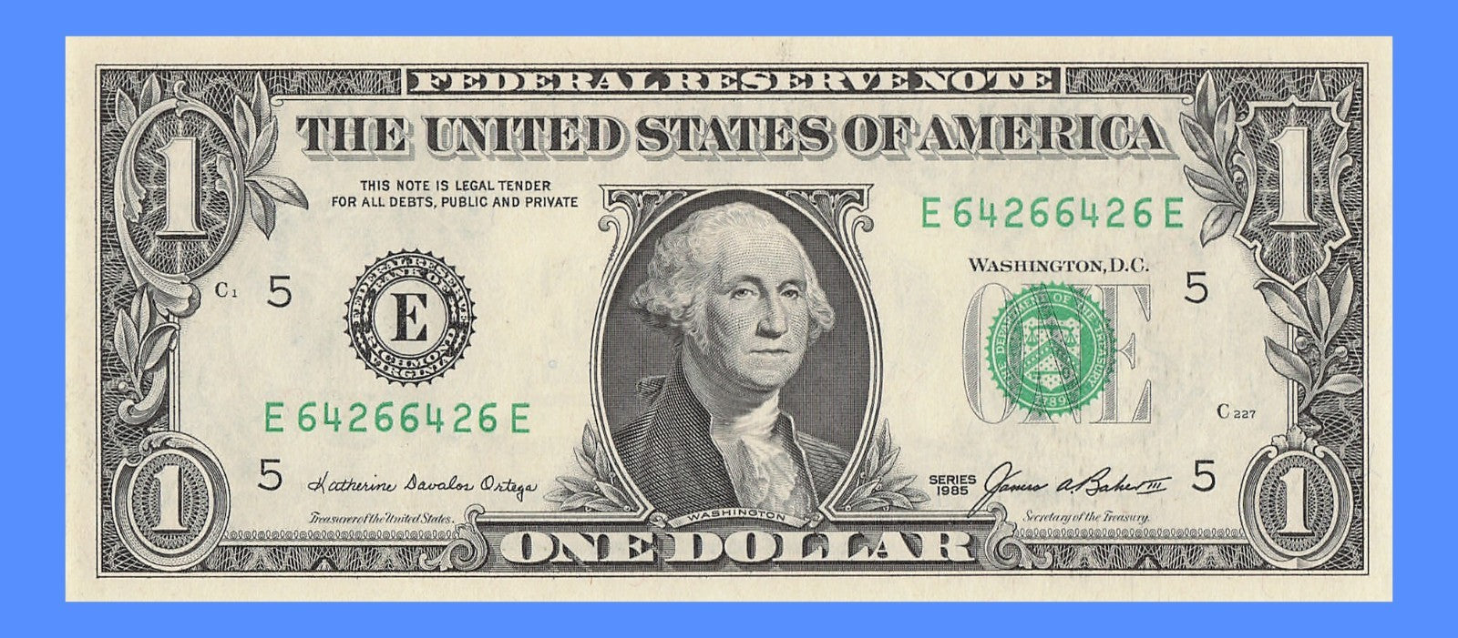 Repeater Fancy Serial Number One Dollar Bill 1985 2s 4s 6s EE Block Trinary