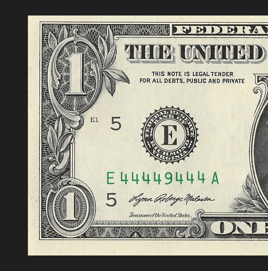Seven of a Kind 4s One Dollar Bill Fancy Serial Number 2021 $1 EA Block