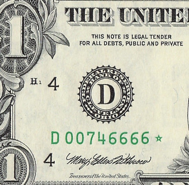 Star Note One Dollar Bill 1995 $1 D* Block Cleveland Run 1 Four in a Row 6s