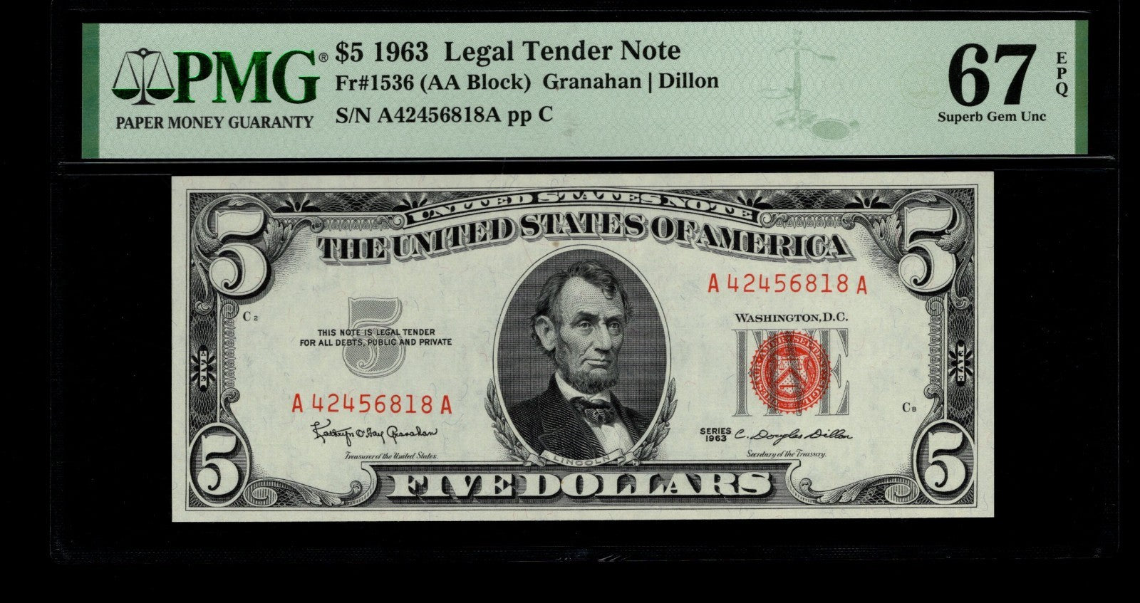 Five Dollar Legal Tender FR 1536 PMG 67 1963 $5 Red Seal