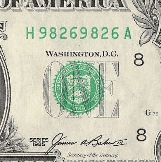 Repeater Fancy Serial Number One Dollar Bill 1985 9s 8s 2s 6s HA Block