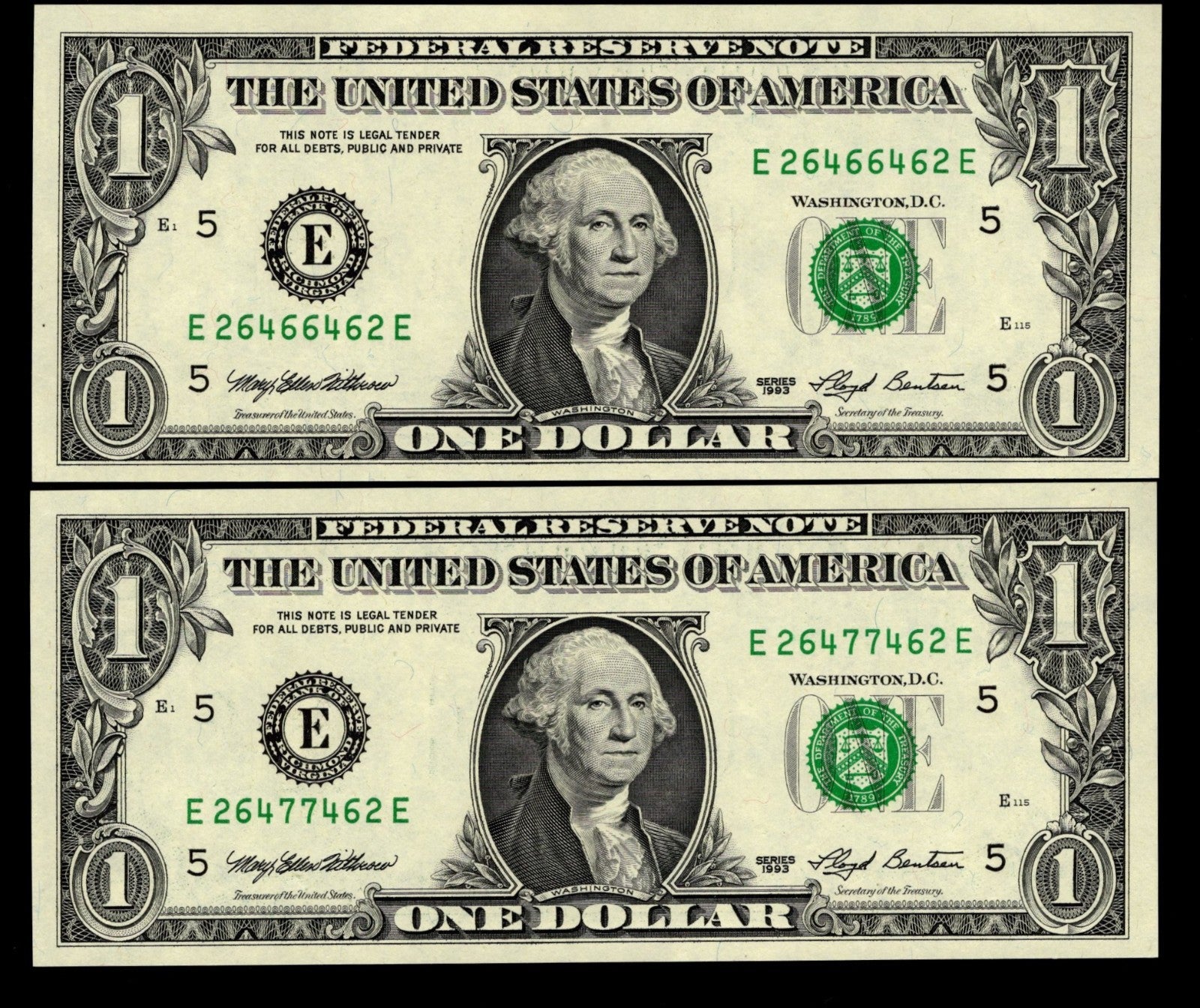 Radar Serial Number Set One Dollar Bills 1993 $1 EE Block Palindromes