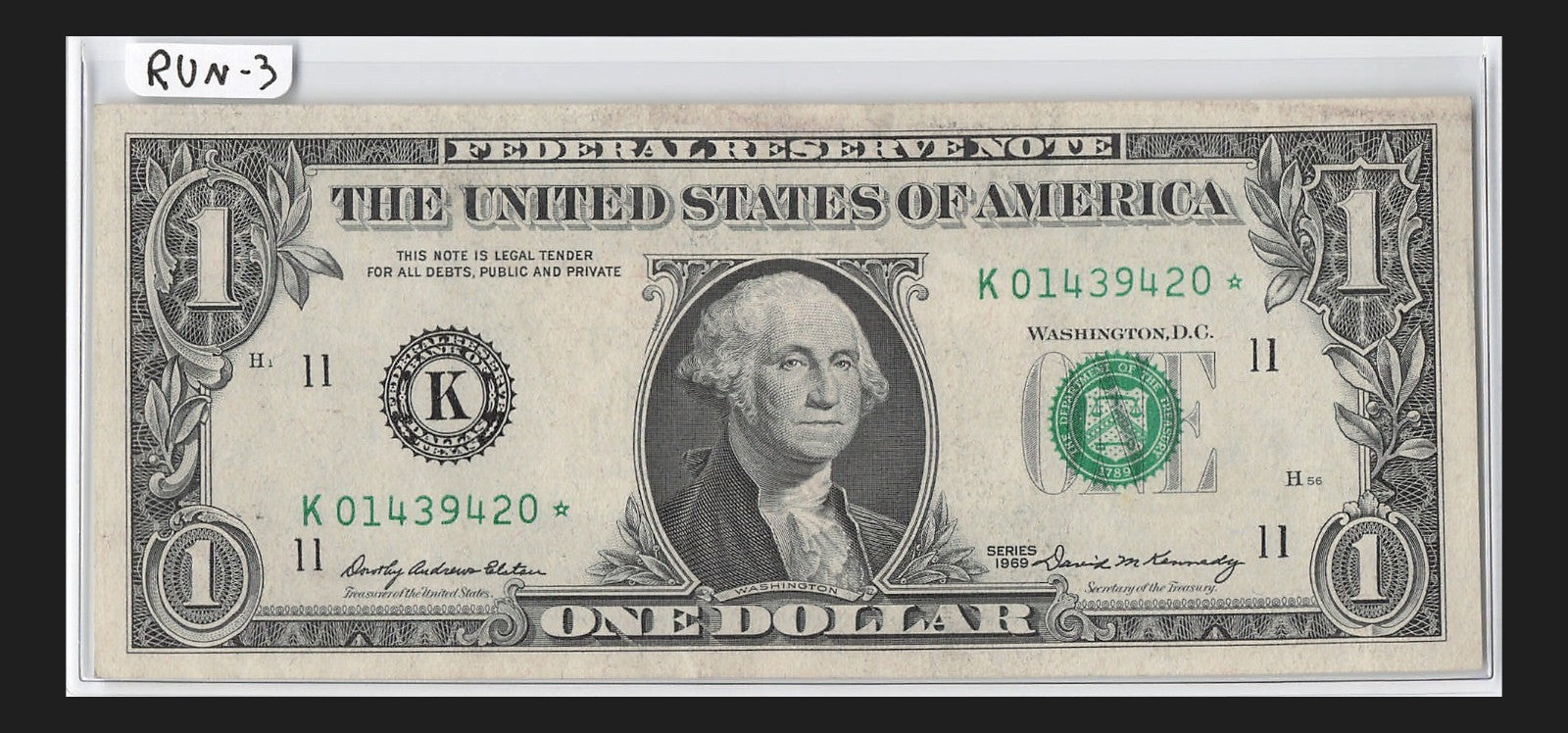 Star Note One Dollar Bill 1969 $1 K* Block Dallas Run 3 UNC