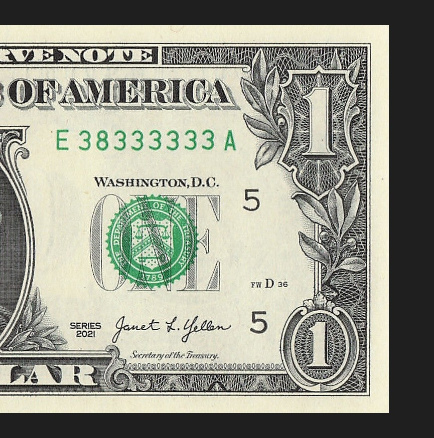Seven of a Kind 3s One Dollar Bill Fancy Serial Number 2021 $1 EA Block