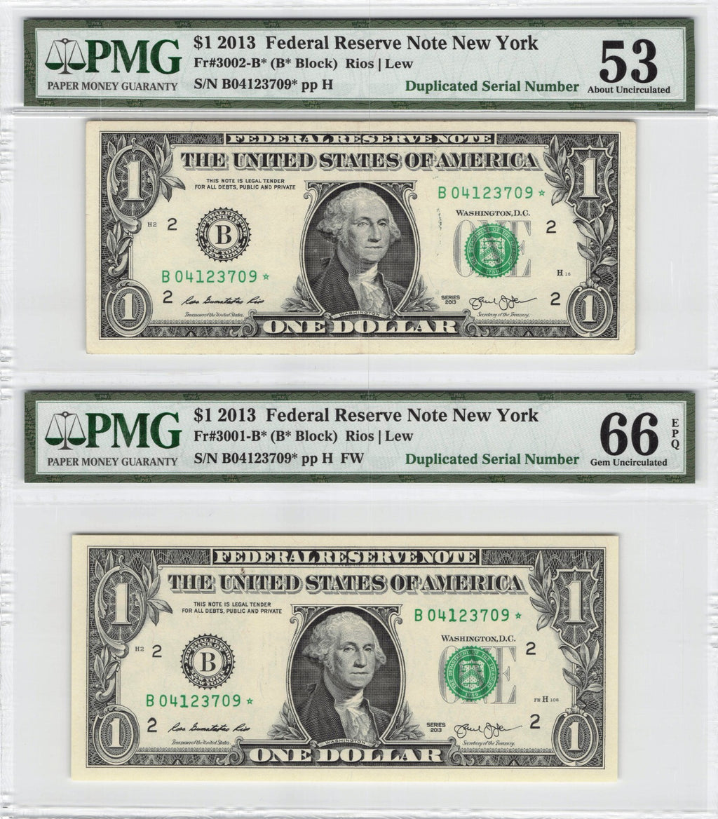 2013 $1 Star Note Duplicate Serial Error Pair TOP POP 53 66 PMG Highest Grade