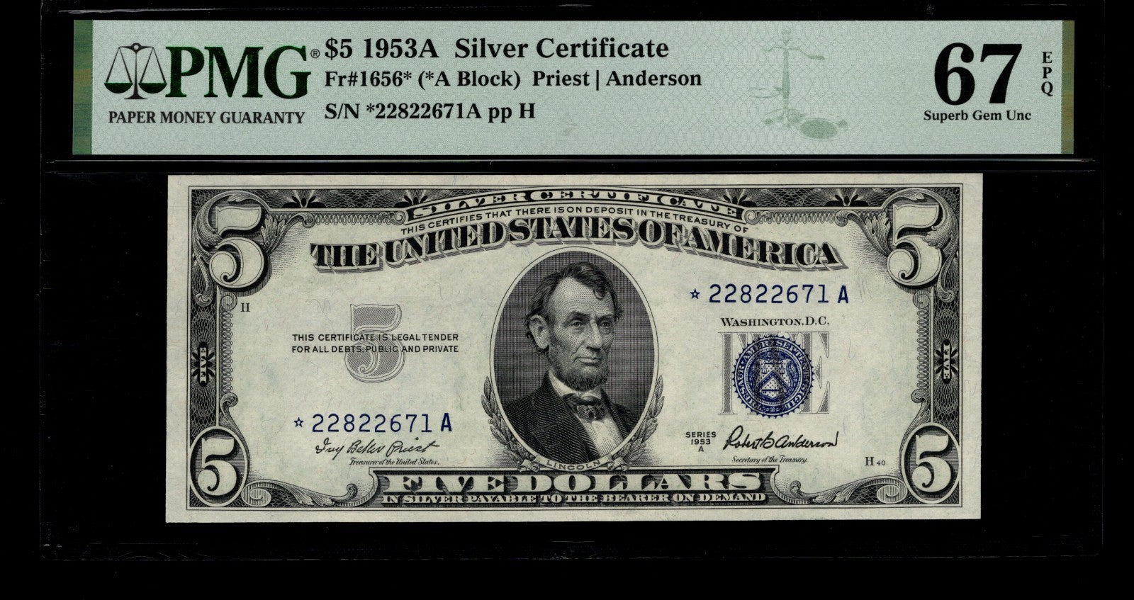 Five Dollar Silver Certificate Star Note FR 1656* PMG 67 1953A $5