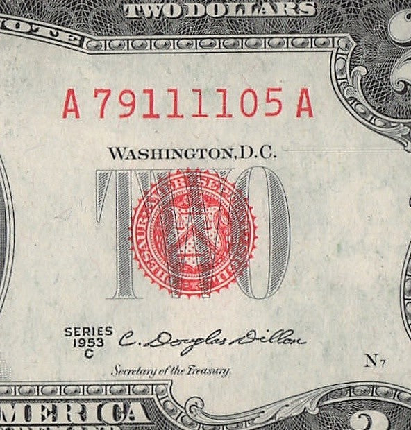 Four in a Row 1s Fancy Serial Number Two Dollar Red Seal 1953C $2 POS 3