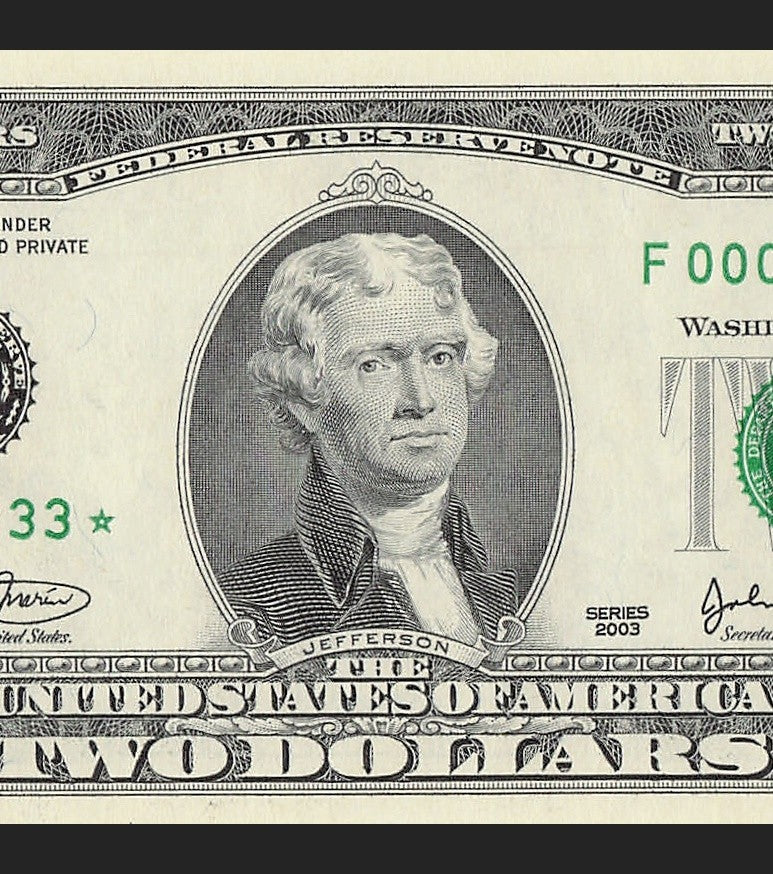 Binary Low Serial Number Star Note Two Dollar Bill F00003033* 3s 0s Atlanta