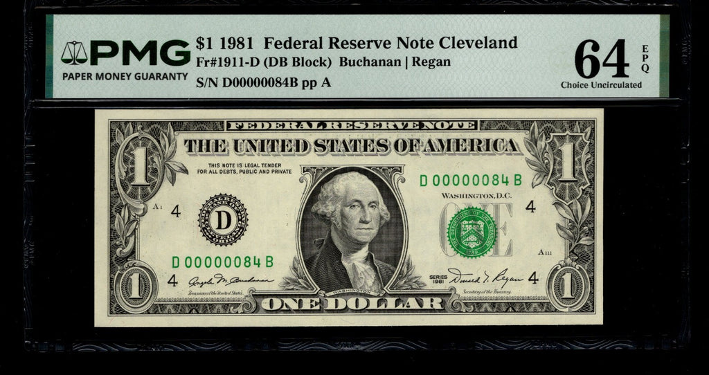 Low Serial Number 84 Fancy Serial Number One Dollar Bill PMG D00000084B