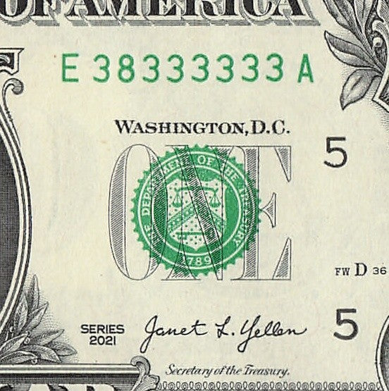 Seven of a Kind 3s One Dollar Bill Fancy Serial Number 2021 $1 EA Block
