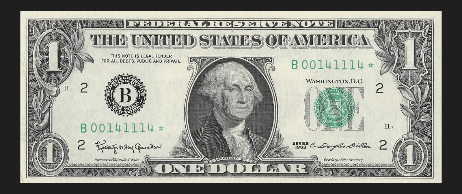 Star Note One Dollar Bill 1963 $1 B* Block New York Run 1 Low Serial Trinary