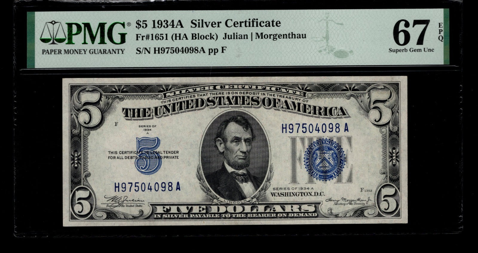 Five Dollar Silver Certificate FR 1651 PMG 67 1934A $5
