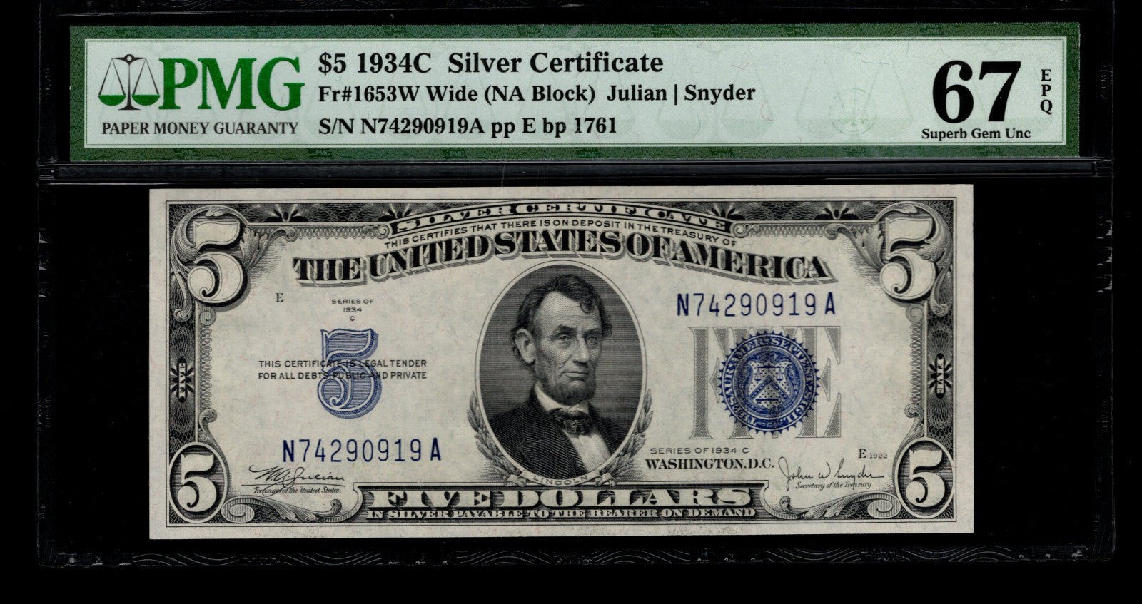Five Dollar Silver Certificate FR 1653W PMG 67 1934C $5