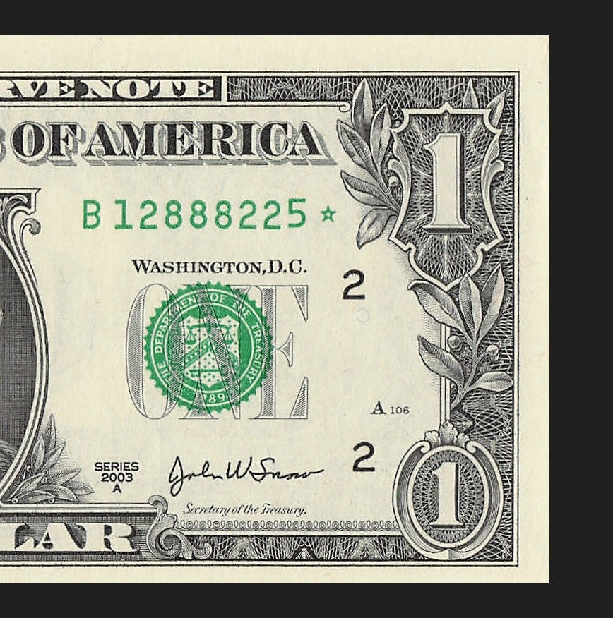Star Note One Dollar Bill 2003A $1 B* Block New York Run 5 320K Sheet