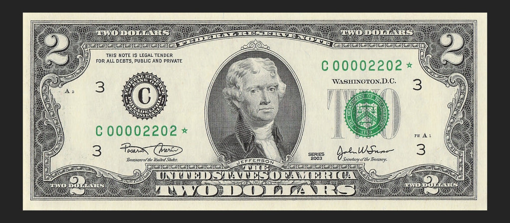 Binary Low Serial Number Star Note Two Dollar Bill C00002202* 2s 0s Philadelphia