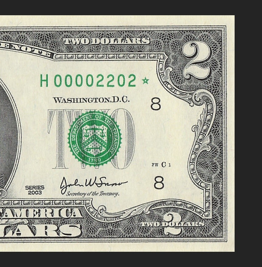Binary Low Serial Number Star Note Two Dollar Bill H00002202* 2s 0s St Louis