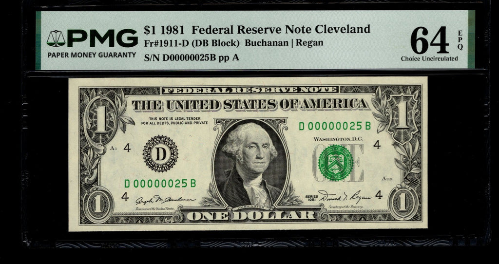 Low Serial Number 25 Fancy Serial Number One Dollar Bill PMG D00000025B