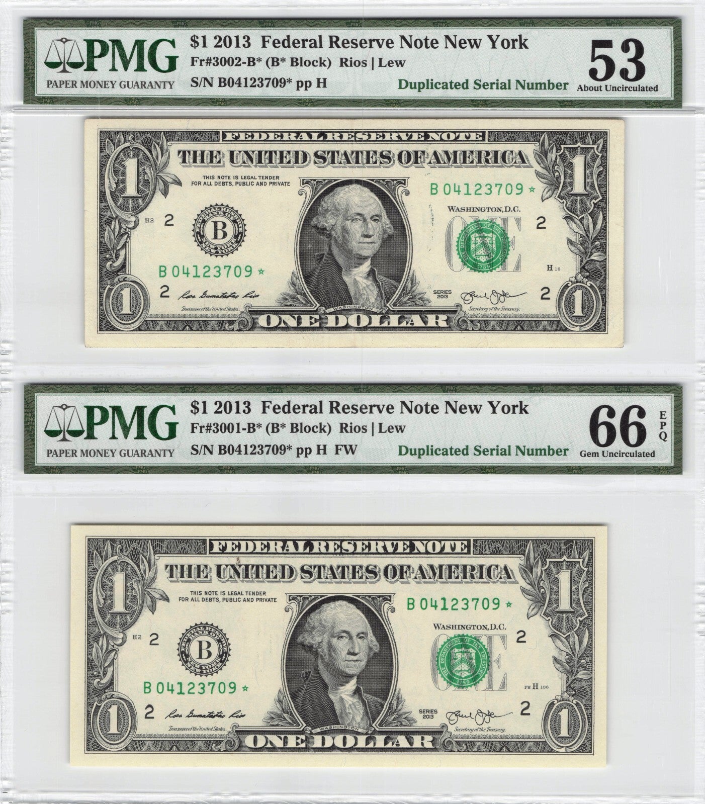 2013 $1 Star Note Duplicate Serial Error Pair TOP POP 53 66 PMG Highest Grade