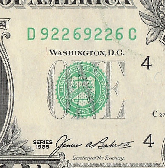 Repeater Fancy Serial Number One Dollar Bill 1985 2s 6s 9s DC Block
